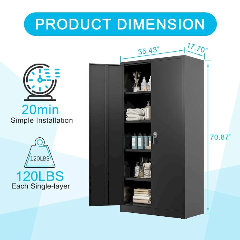 Grande Armoire de Rangement Métallique Noire avec Portes Verrouillables en Acier Laminé à Froid