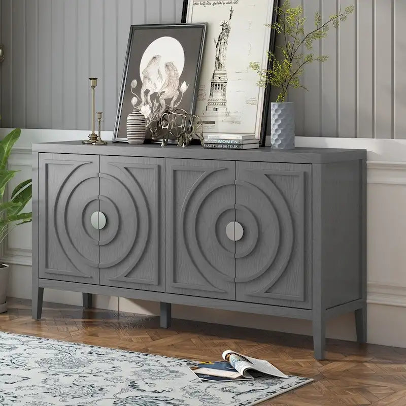 Bahut rétro à 4 portes avec motif de rainures circulaires et poignées rondes en métal, disponible en gris, bleu antique et blanc