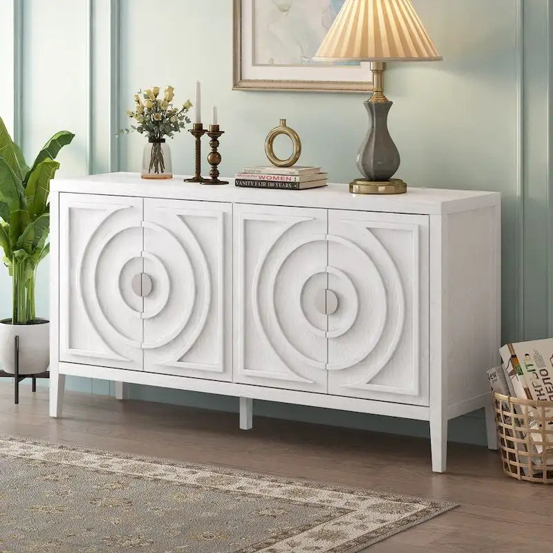 Bahut rétro à 4 portes avec motif de rainures circulaires et poignées rondes en métal, disponible en gris, bleu antique et blanc