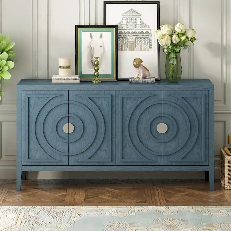 Bahut rétro à 4 portes avec motif de rainures circulaires et poignées rondes en métal, disponible en gris, bleu antique et blanc