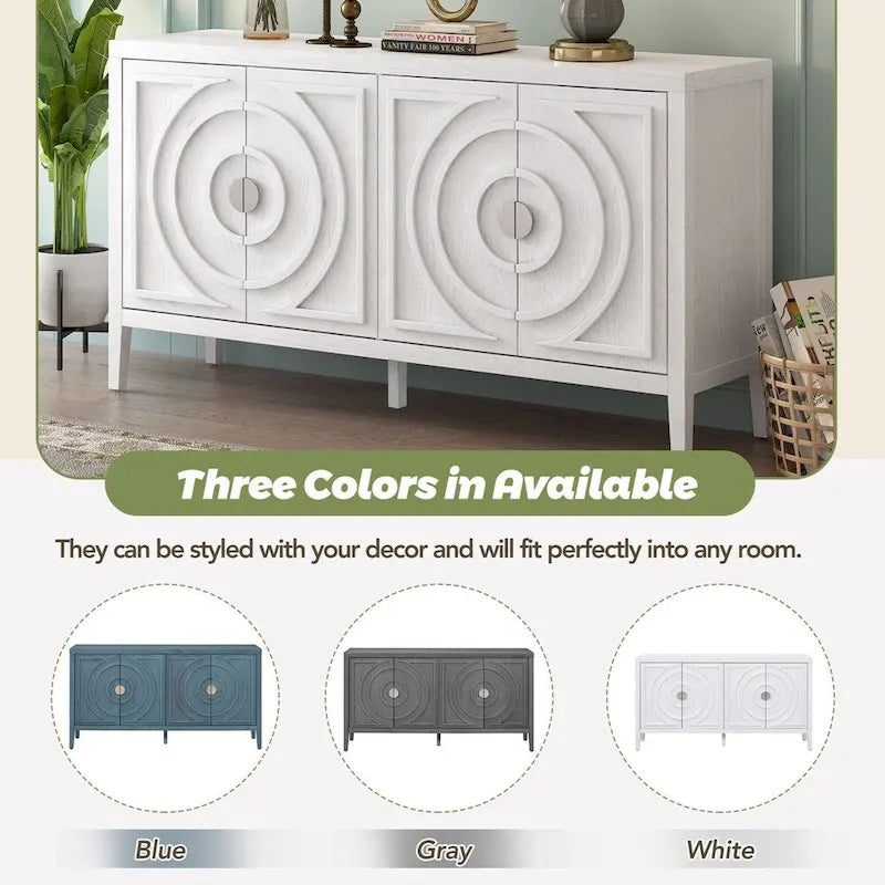 Bahut rétro à 4 portes avec motif de rainures circulaires et poignées rondes en métal, disponible en gris, bleu antique et blanc