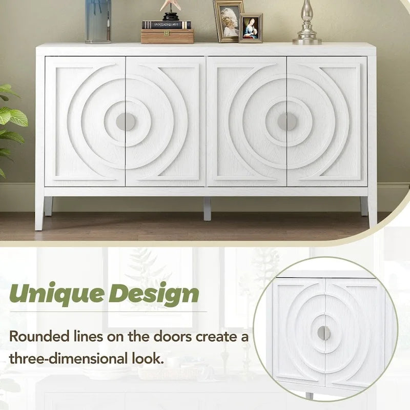 Bahut rétro à 4 portes avec motif de rainures circulaires et poignées rondes en métal, disponible en gris, bleu antique et blanc
