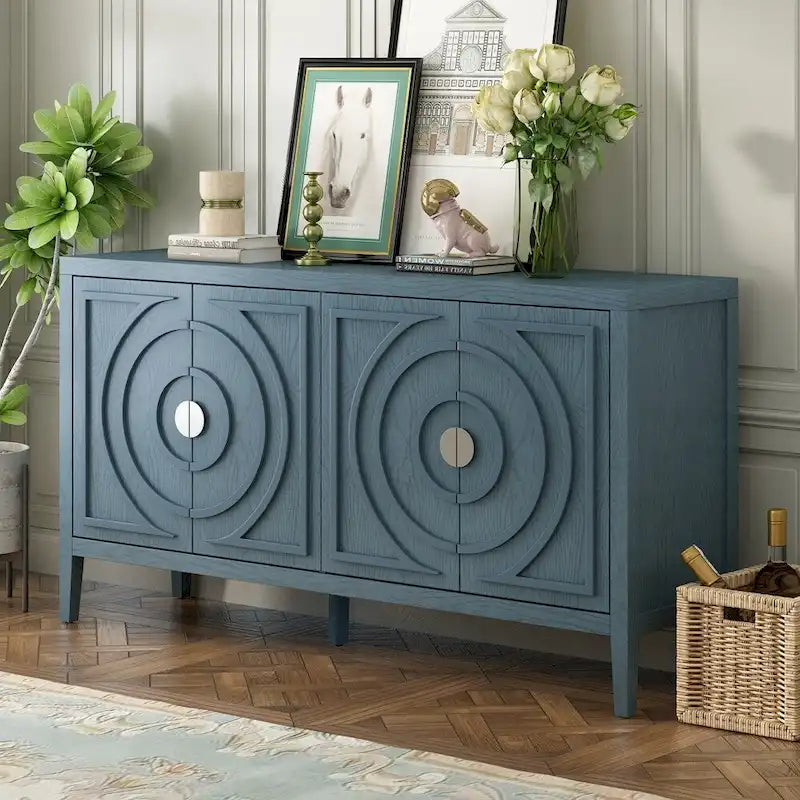 Bahut rétro à 4 portes avec motif de rainures circulaires et poignées rondes en métal, disponible en gris, bleu antique et blanc