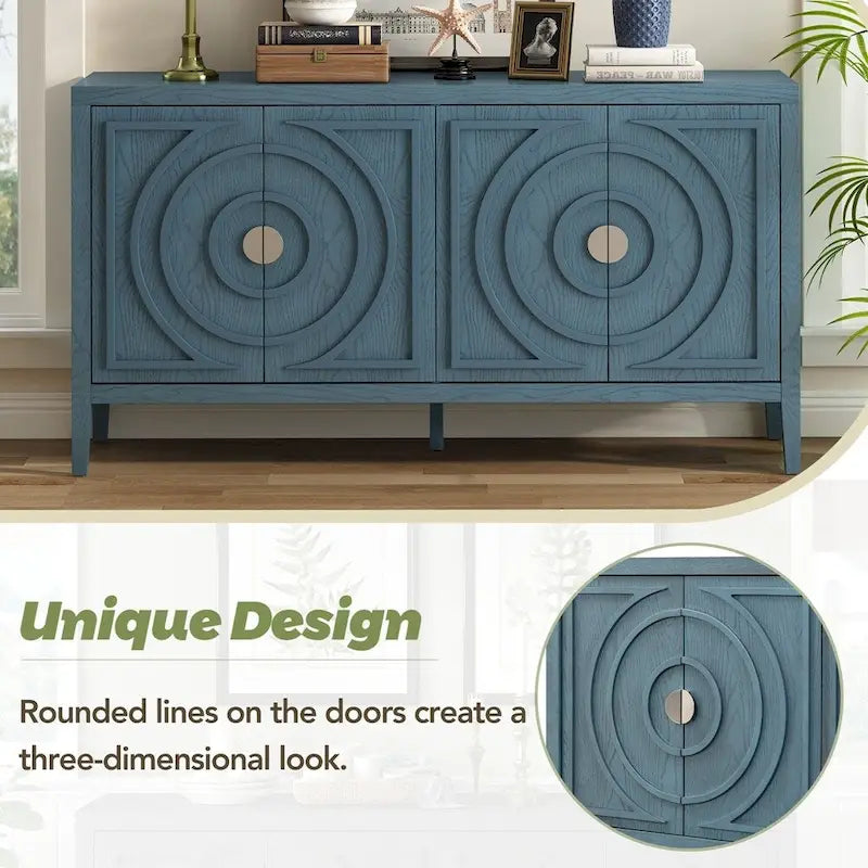 Bahut rétro à 4 portes avec motif de rainures circulaires et poignées rondes en métal, disponible en gris, bleu antique et blanc