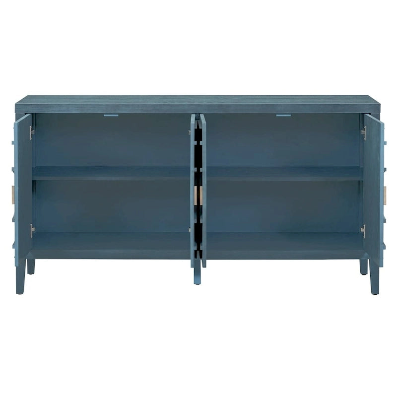 Bahut rétro à 4 portes avec motif de rainures circulaires et poignées rondes en métal, disponible en gris, bleu antique et blanc