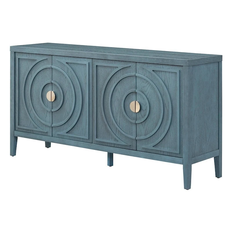 Bahut rétro à 4 portes avec motif de rainures circulaires et poignées rondes en métal, disponible en gris, bleu antique et blanc