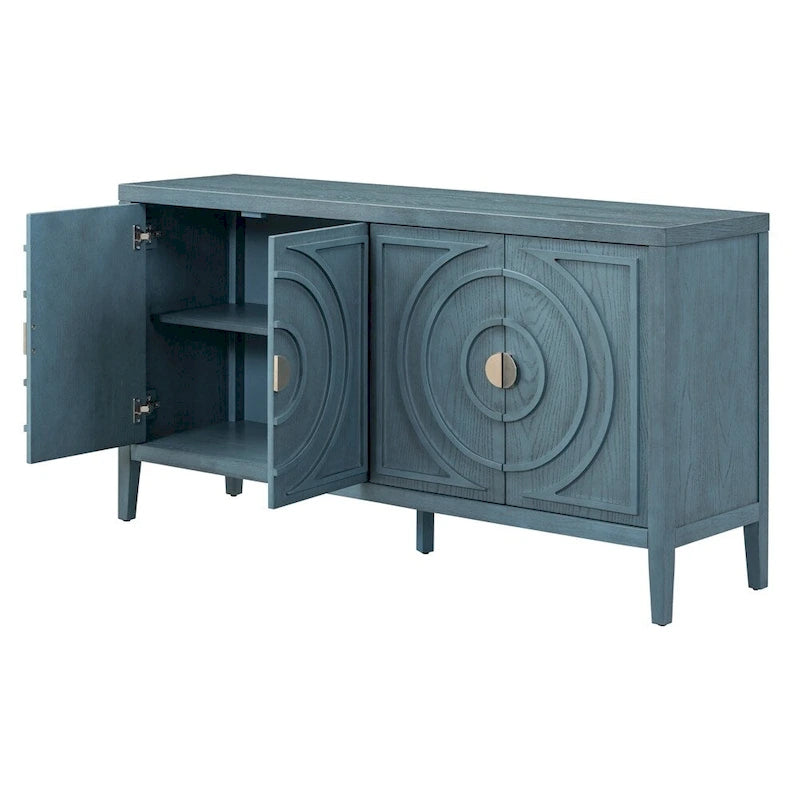 Bahut rétro à 4 portes avec motif de rainures circulaires et poignées rondes en métal, disponible en gris, bleu antique et blanc