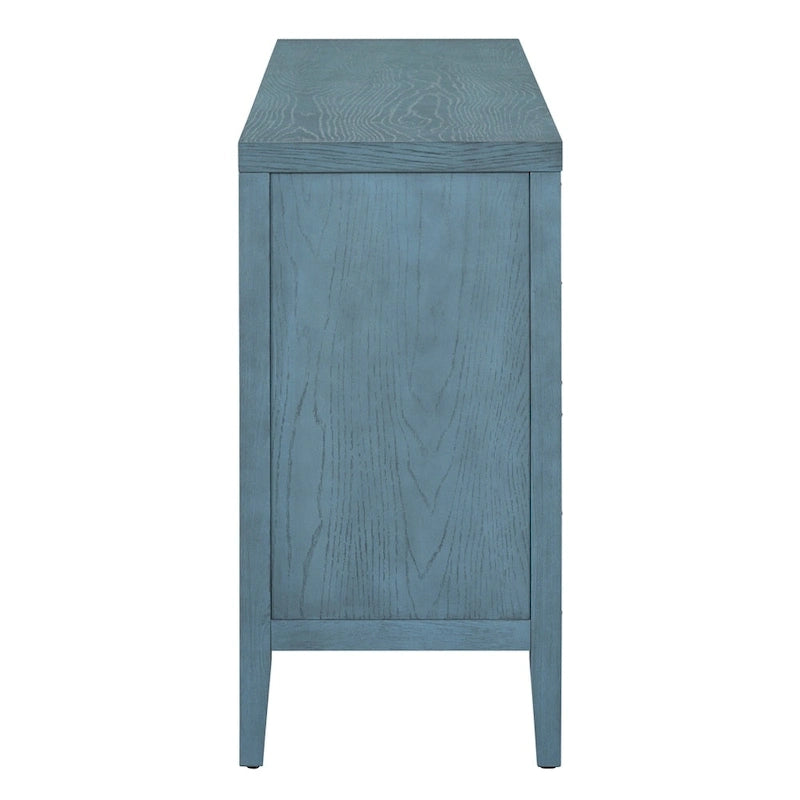 Bahut rétro à 4 portes avec motif de rainures circulaires et poignées rondes en métal, disponible en gris, bleu antique et blanc