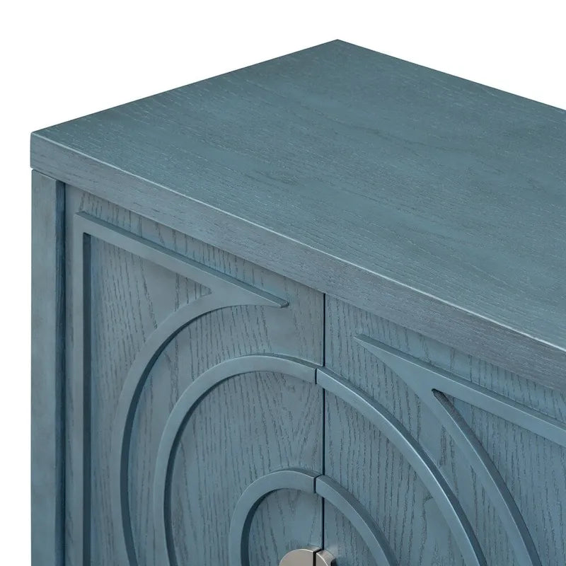 Bahut rétro à 4 portes avec motif de rainures circulaires et poignées rondes en métal, disponible en gris, bleu antique et blanc