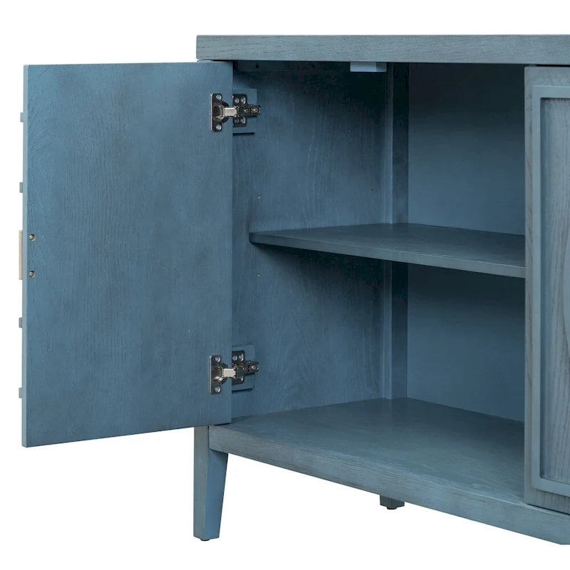Bahut rétro à 4 portes avec motif de rainures circulaires et poignées rondes en métal, disponible en gris, bleu antique et blanc