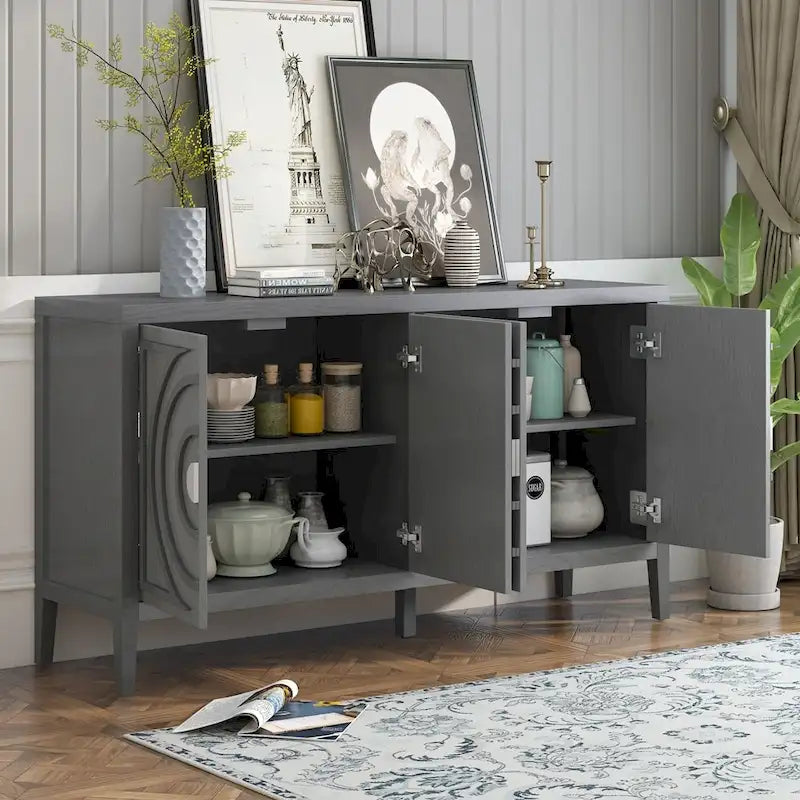 Bahut rétro à 4 portes avec motif de rainures circulaires et poignées rondes en métal, disponible en gris, bleu antique et blanc