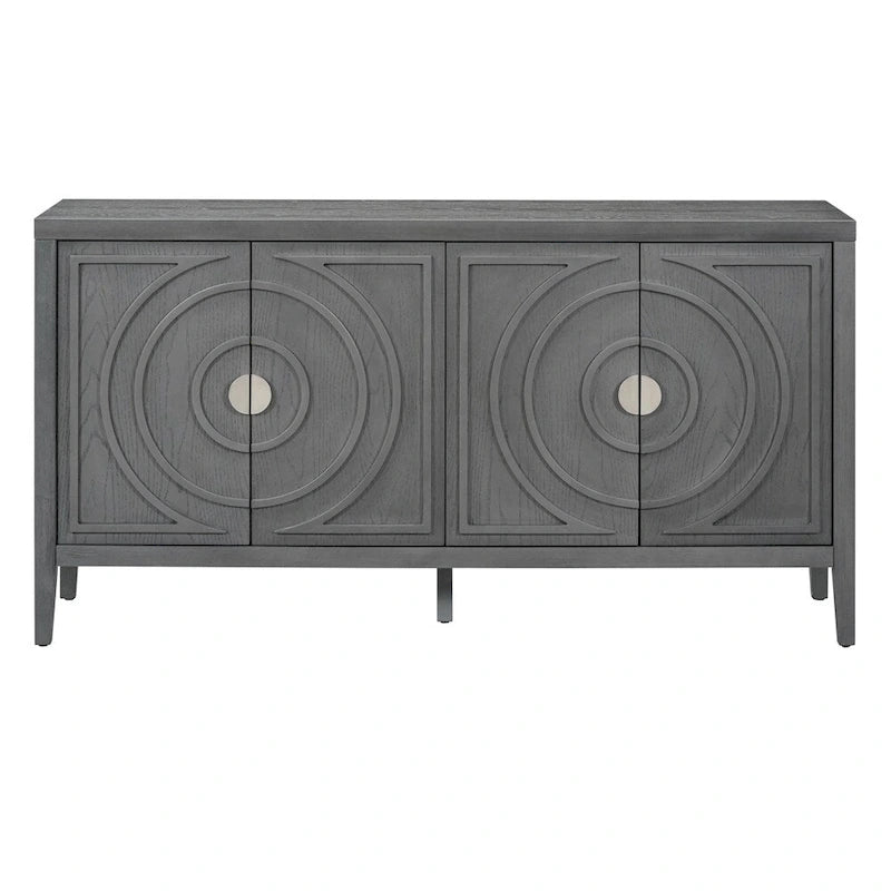 Bahut rétro à 4 portes avec motif de rainures circulaires et poignées rondes en métal, disponible en gris, bleu antique et blanc