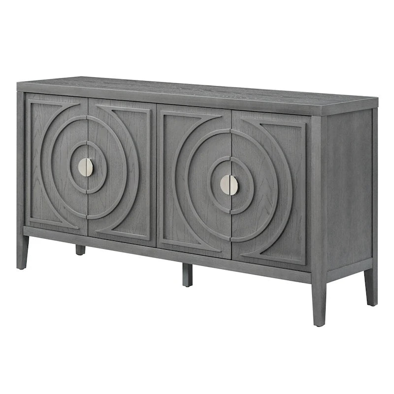 Bahut rétro à 4 portes avec motif de rainures circulaires et poignées rondes en métal, disponible en gris, bleu antique et blanc