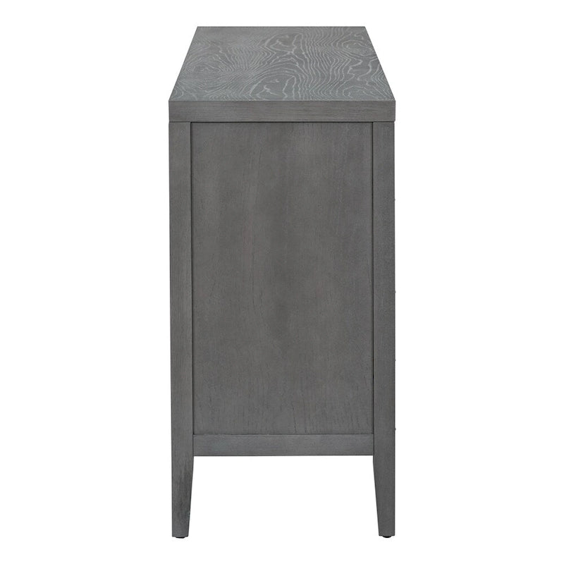 Bahut rétro à 4 portes avec motif de rainures circulaires et poignées rondes en métal, disponible en gris, bleu antique et blanc
