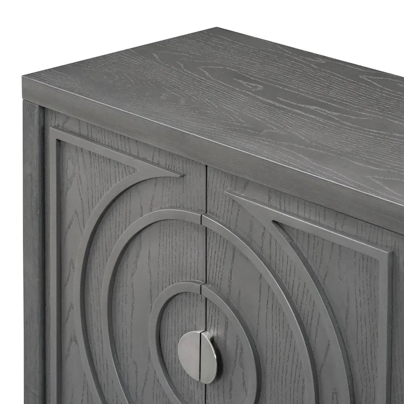 Bahut rétro à 4 portes avec motif de rainures circulaires et poignées rondes en métal, disponible en gris, bleu antique et blanc