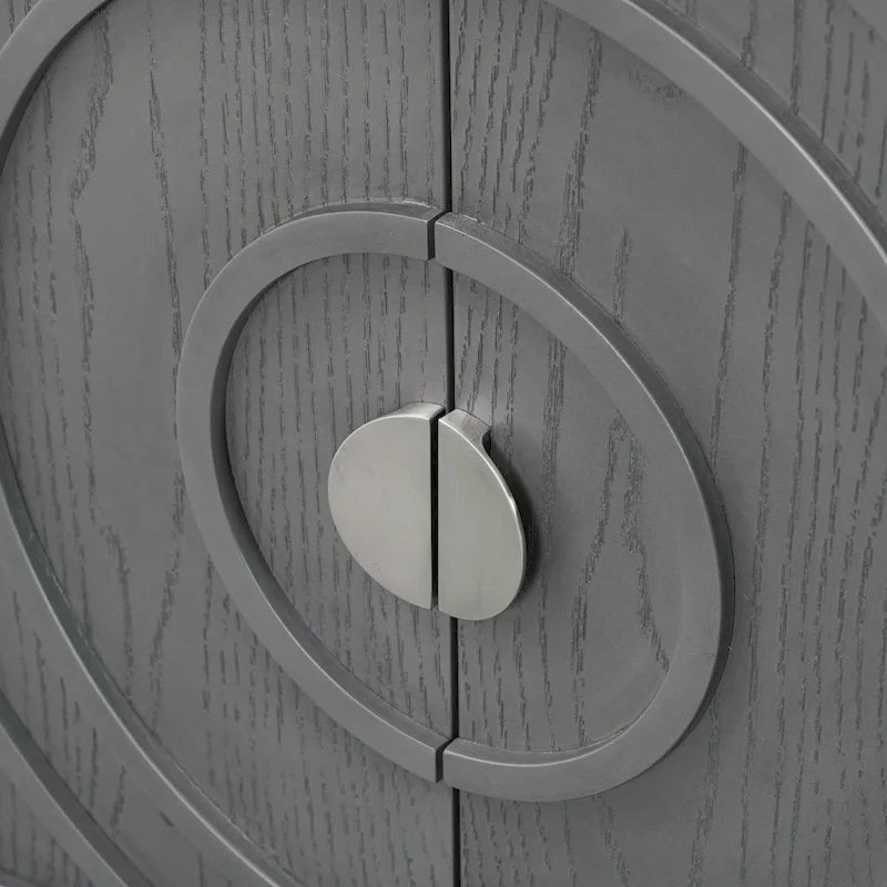 Bahut rétro à 4 portes avec motif de rainures circulaires et poignées rondes en métal, disponible en gris, bleu antique et blanc