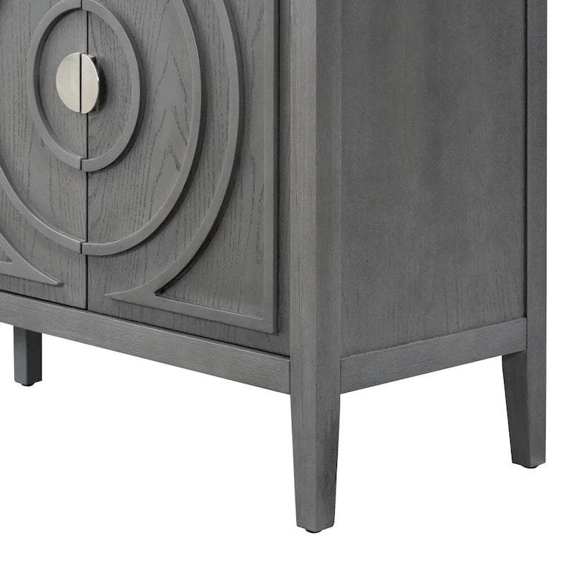 Bahut rétro à 4 portes avec motif de rainures circulaires et poignées rondes en métal, disponible en gris, bleu antique et blanc