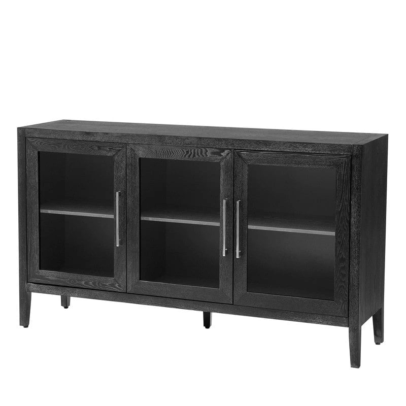Meuble bas avec portes en verre trempé et étagère réglable Marron Gris Noir