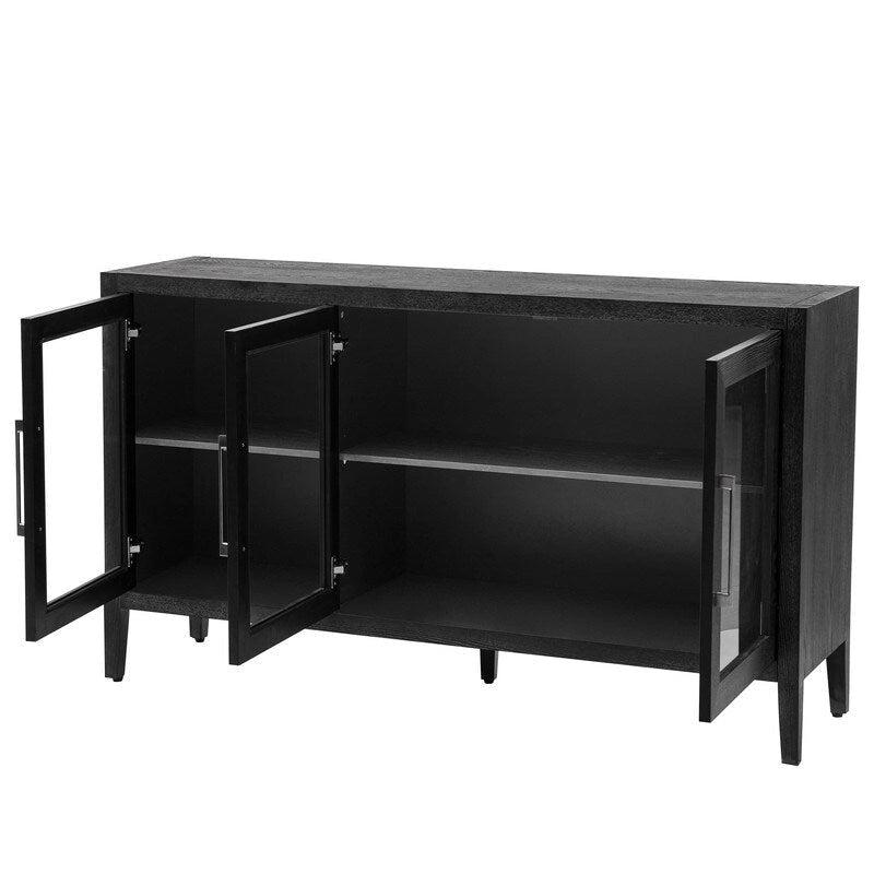 Meuble bas avec portes en verre trempé et étagère réglable Marron Gris Noir