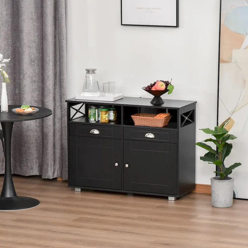 Buffet bahut noir avec étagères ouvertes, tiroirs et portes