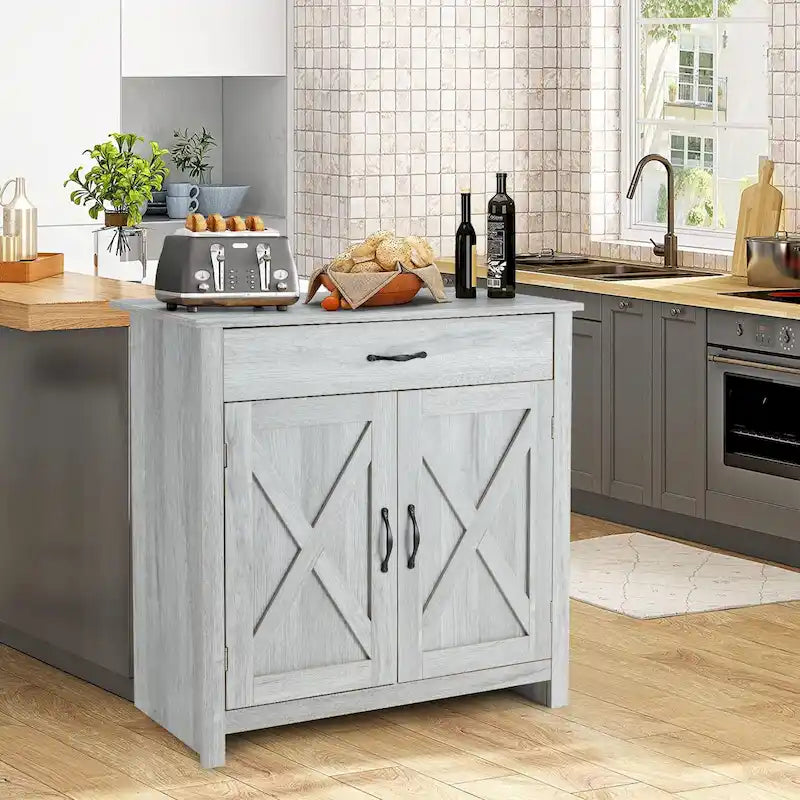 Meuble de Buffet de Ferme avec Tiroir et Portes à Motif Double X, Gris et Blanc