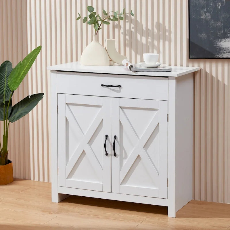 Meuble de Buffet de Ferme avec Tiroir et Portes à Motif Double X, Gris et Blanc