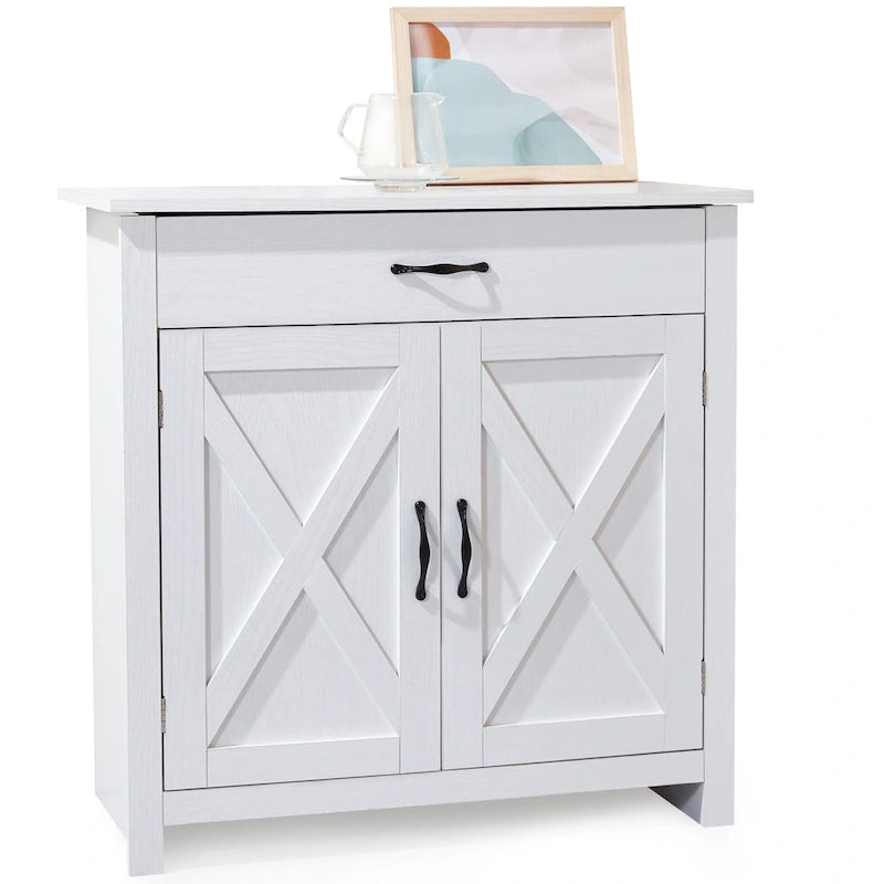 Meuble de Buffet de Ferme avec Tiroir et Portes à Motif Double X, Gris et Blanc