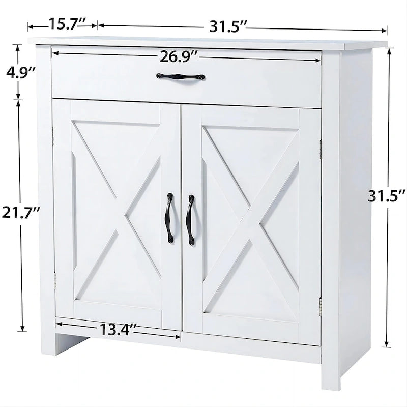 Meuble de Buffet de Ferme avec Tiroir et Portes à Motif Double X, Gris et Blanc