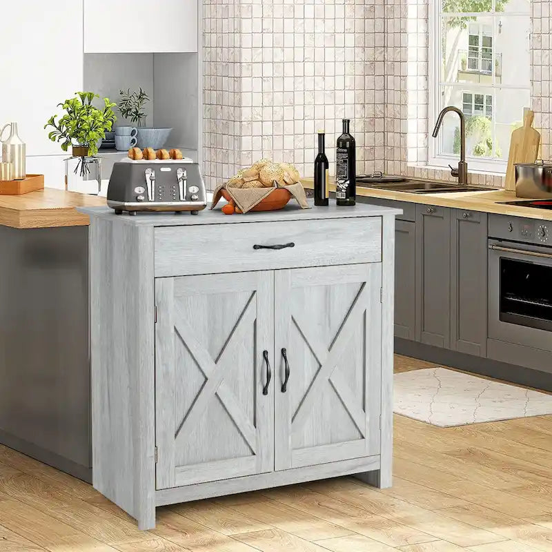 Meuble de Buffet de Ferme avec Tiroir et Portes à Motif Double X, Gris et Blanc
