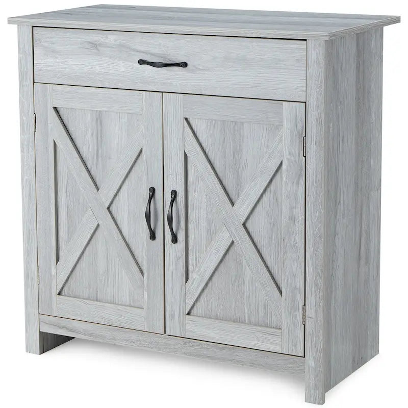 Meuble de Buffet de Ferme avec Tiroir et Portes à Motif Double X, Gris et Blanc