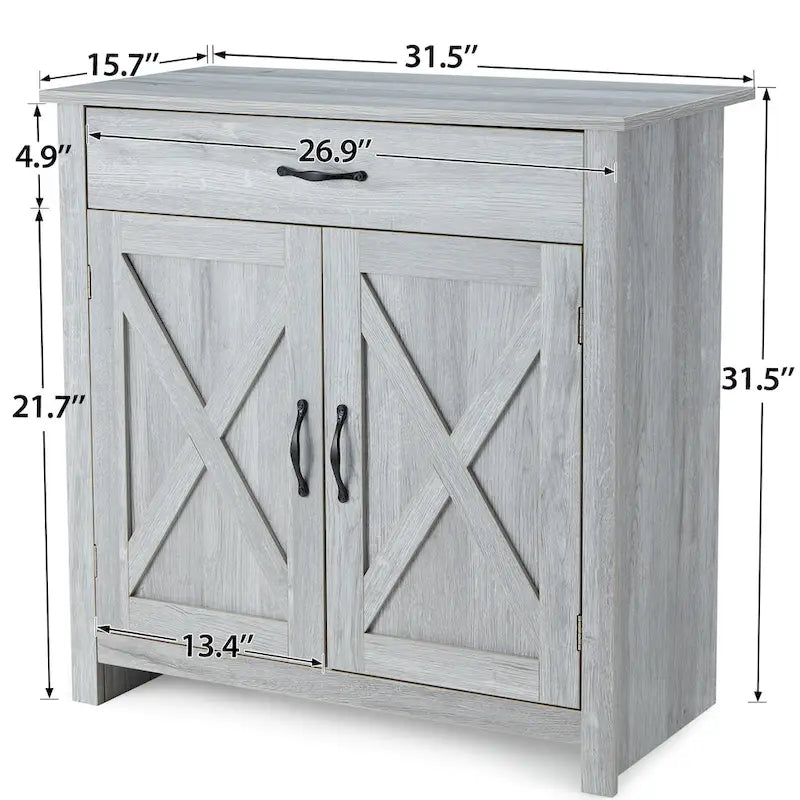 Meuble de Buffet de Ferme avec Tiroir et Portes à Motif Double X, Gris et Blanc
