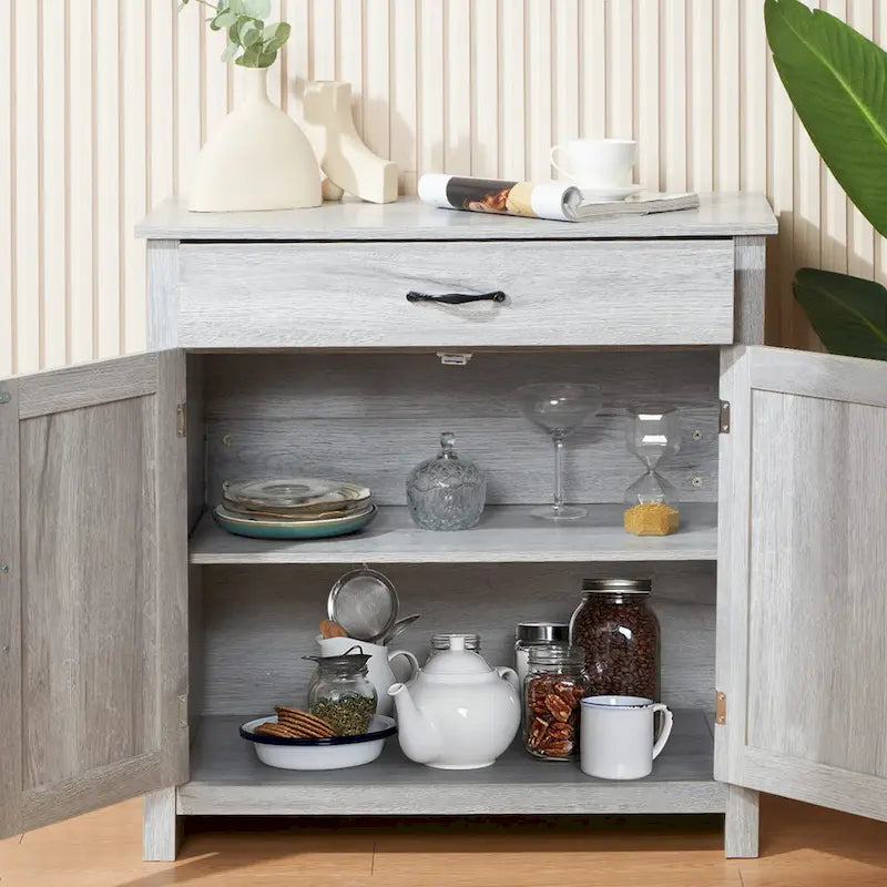 Meuble de Buffet de Ferme avec Tiroir et Portes à Motif Double X, Gris et Blanc