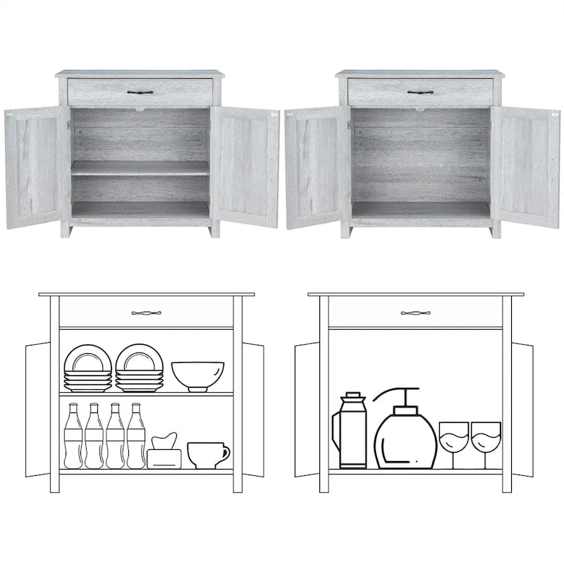Meuble de Buffet de Ferme avec Tiroir et Portes à Motif Double X, Gris et Blanc