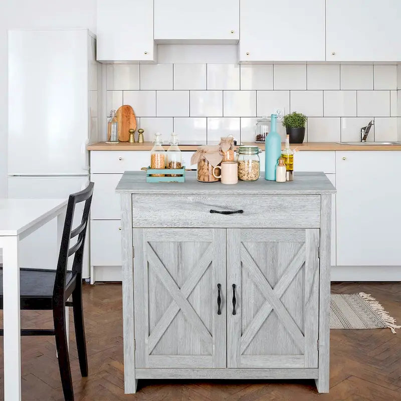Meuble de Buffet de Ferme avec Tiroir et Portes à Motif Double X, Gris et Blanc