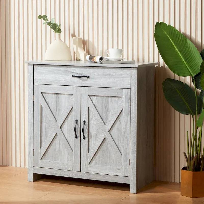 Meuble de Buffet de Ferme avec Tiroir et Portes à Motif Double X, Gris et Blanc