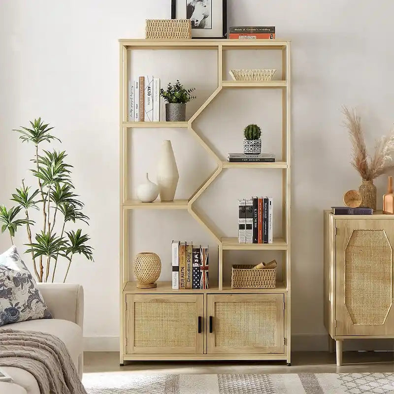 Étagère à Livres 7 Niveaux en Rotin Naturel avec Meuble de Rangement et Étagères Ouvertes