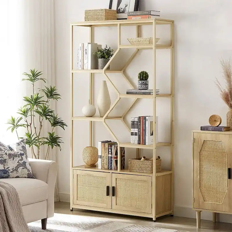 Étagère à Livres 7 Niveaux en Rotin Naturel avec Meuble de Rangement et Étagères Ouvertes