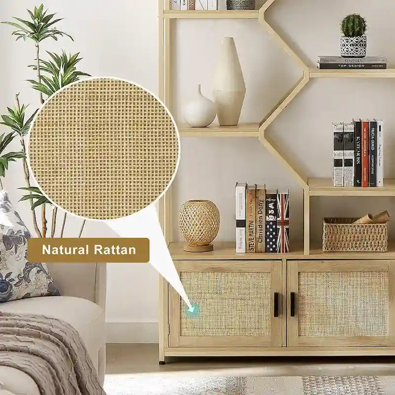Étagère à Livres 7 Niveaux en Rotin Naturel avec Meuble de Rangement et Étagères Ouvertes