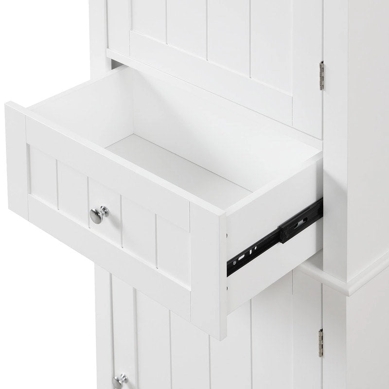 Meuble de Rangement Salle de Bain Haut Autoportant Blanc avec Tiroir et Étagères Réglables