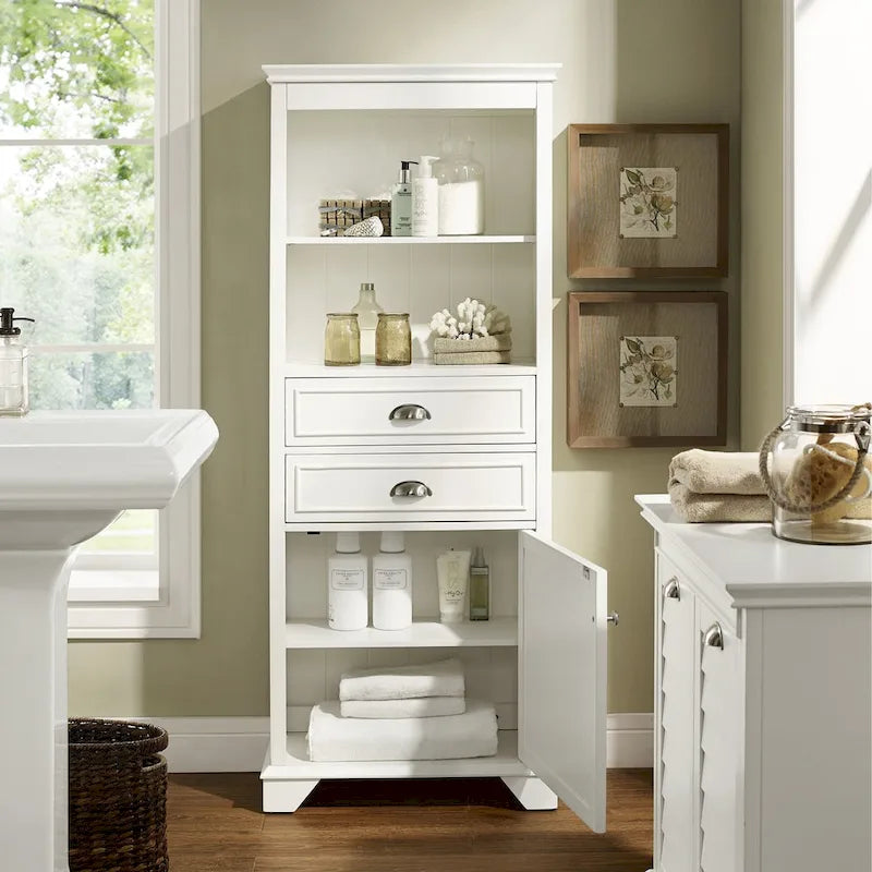 Meuble de rangement haut de salle de bain blanc avec tiroirs et porte persienne