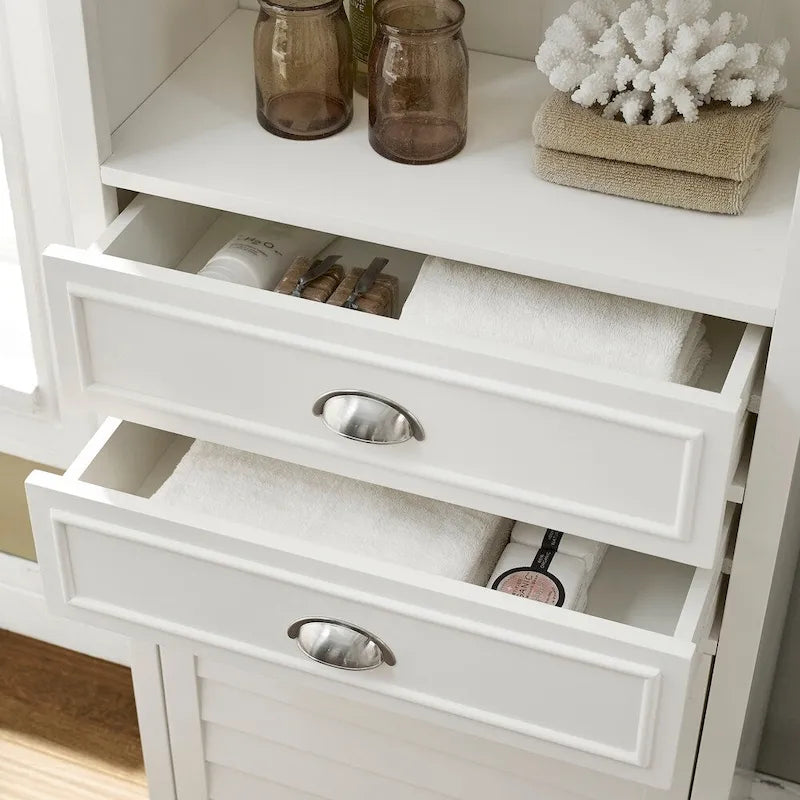 Meuble de rangement haut de salle de bain blanc avec tiroirs et porte persienne