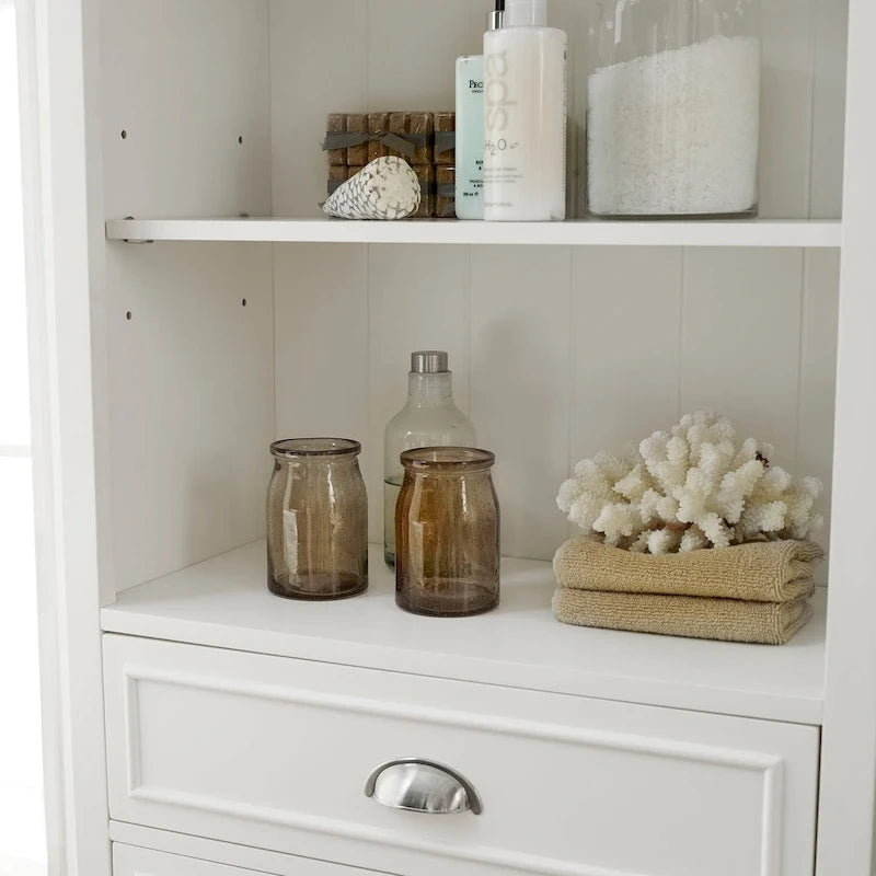 Meuble de rangement haut de salle de bain blanc avec tiroirs et porte persienne