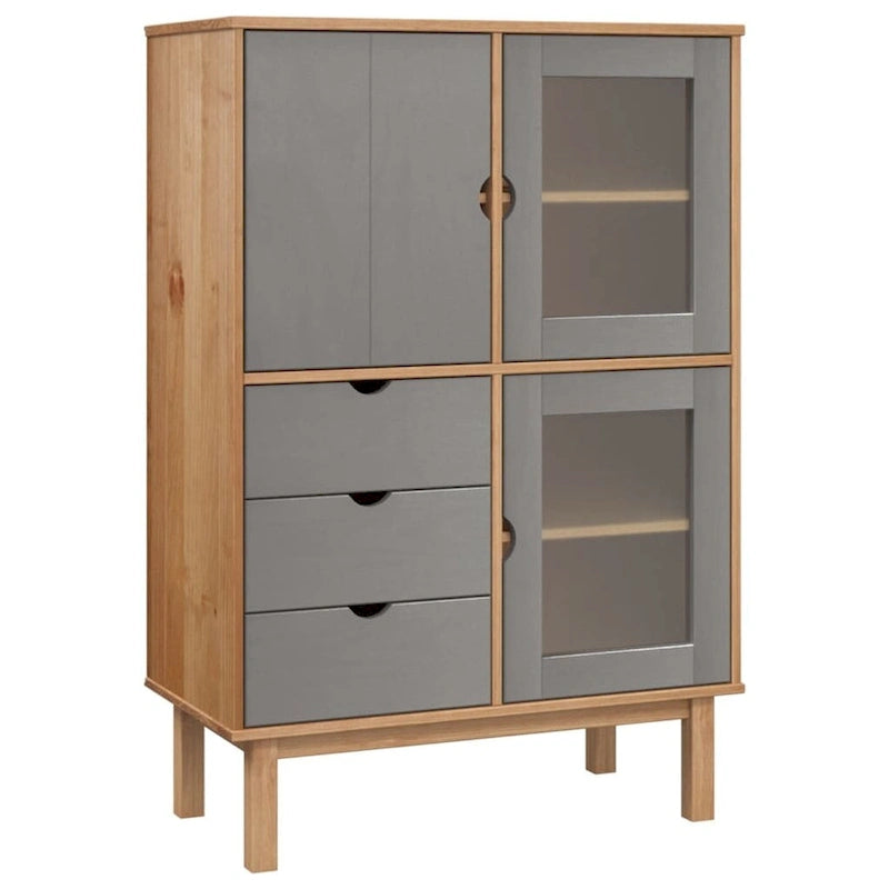 Bahut en pin massif avec 3 tiroirs et portes vitrées, gris