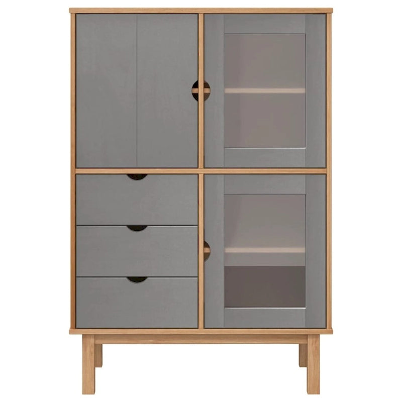 Bahut en pin massif avec 3 tiroirs et portes vitrées, gris