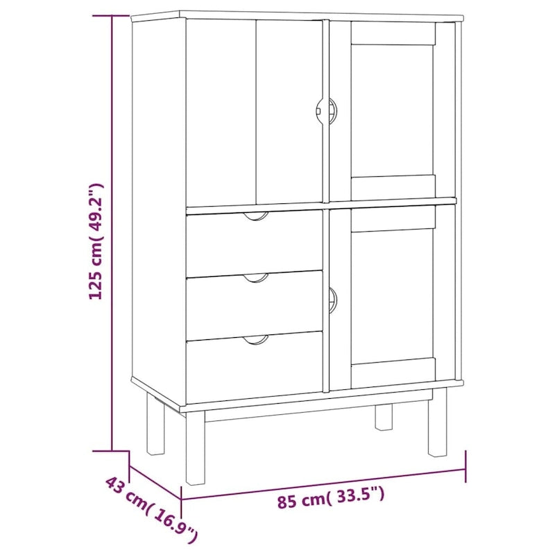 Bahut en pin massif avec 3 tiroirs et portes vitrées, gris
