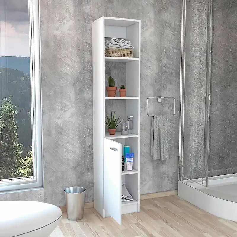 Armoire de Rangement de Salle de Bain Autonome avec 3 Étagères Ouvertes et Porte Inférieure, Chêne/Blanc/Noir