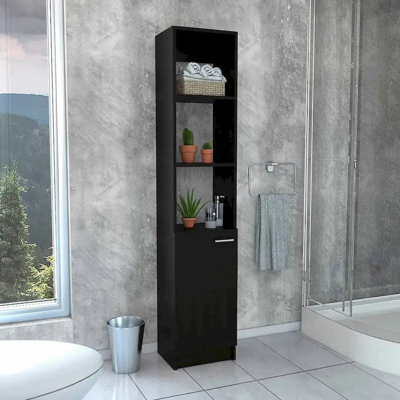 Armoire de Rangement de Salle de Bain Autonome avec 3 Étagères Ouvertes et Porte Inférieure, Chêne/Blanc/Noir