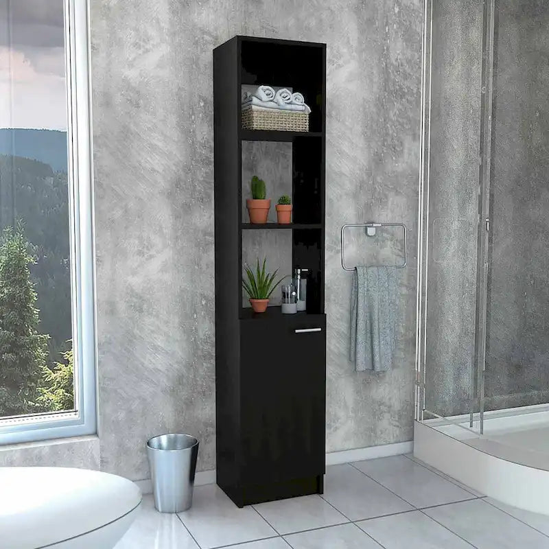 Armoire de Rangement de Salle de Bain Autonome avec 3 Étagères Ouvertes et Porte Inférieure, Chêne/Blanc/Noir