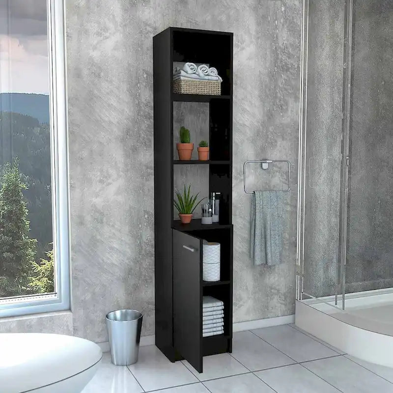 Armoire de Rangement de Salle de Bain Autonome avec 3 Étagères Ouvertes et Porte Inférieure, Chêne/Blanc/Noir