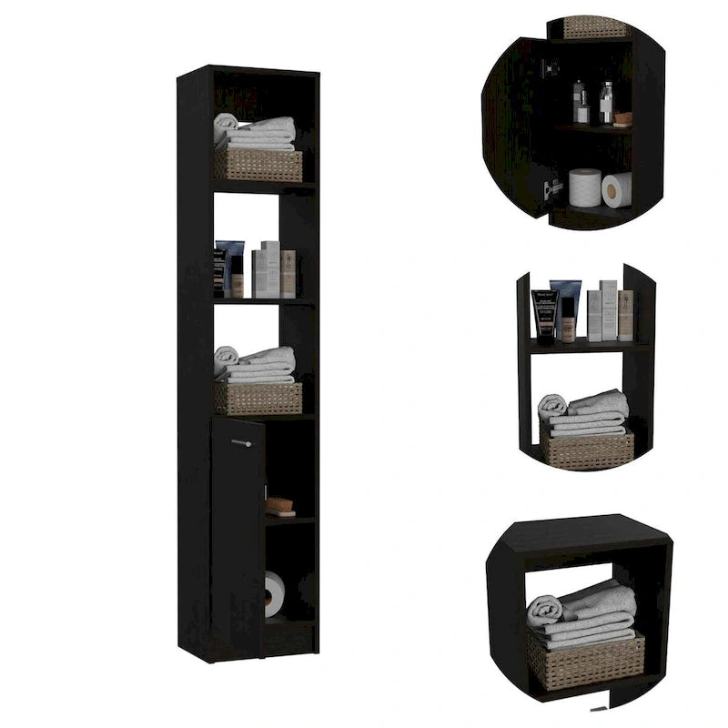 Armoire de Rangement de Salle de Bain Autonome avec 3 Étagères Ouvertes et Porte Inférieure, Chêne/Blanc/Noir